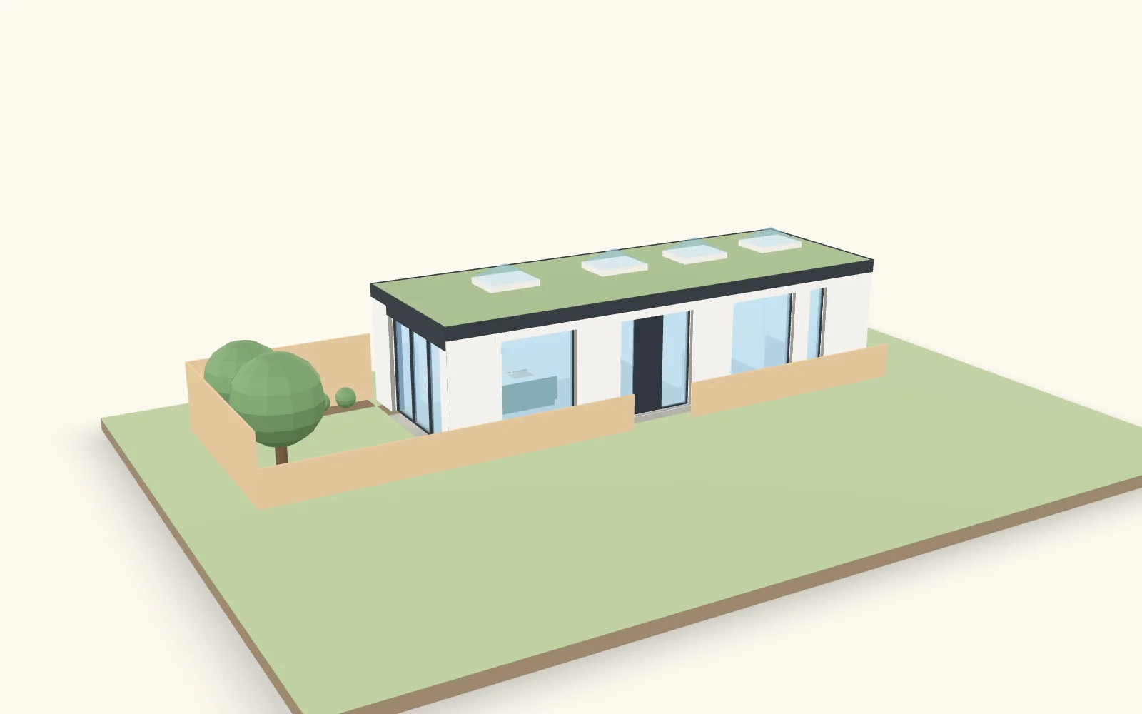 Example 3D model of a new single-storey home with a green roof, four rooflights and a walled garden