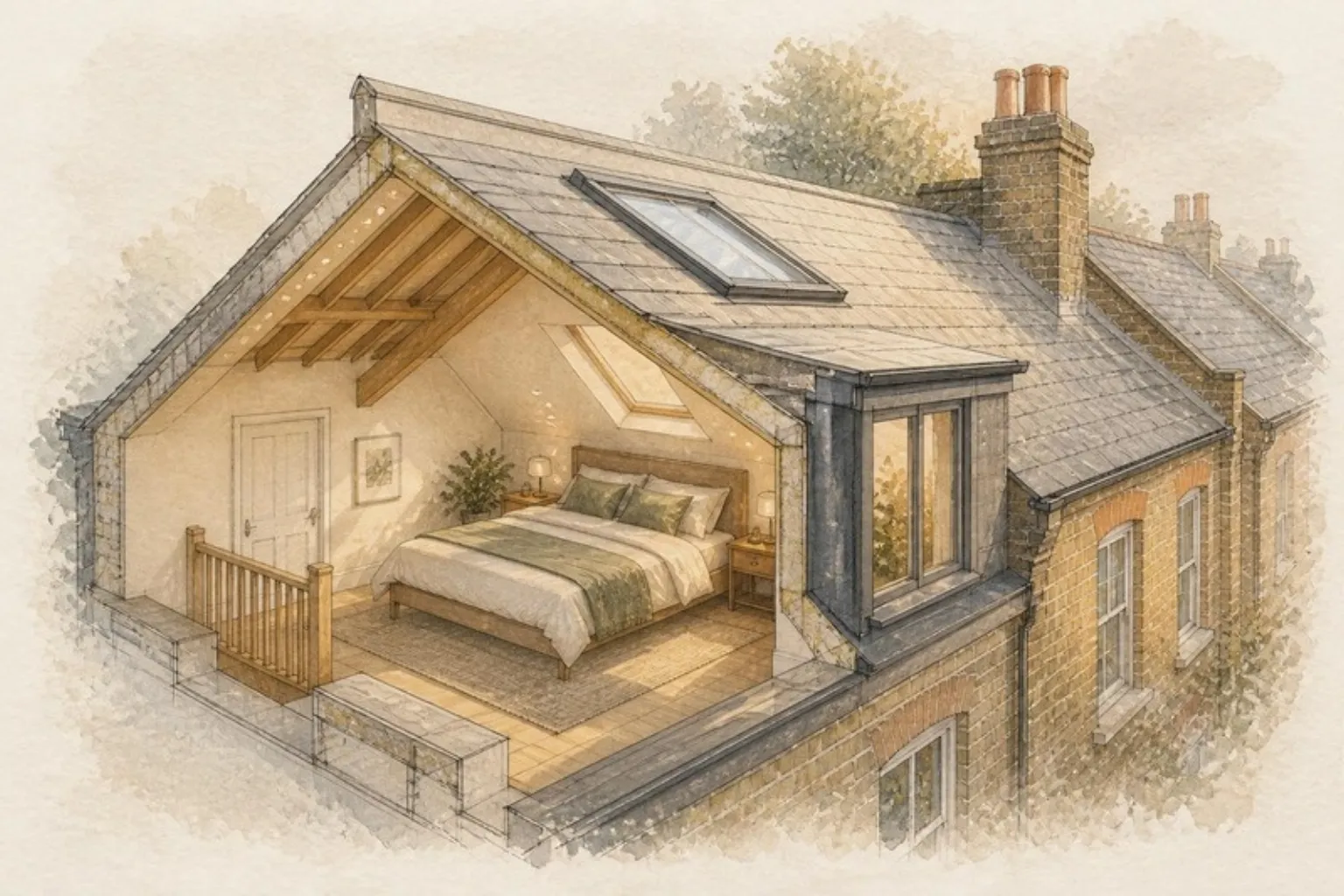 Watercolour cutaway of a dormer loft conversion in a London terrace: a bedroom under exposed rafters, a rooflight and the new staircase arriving