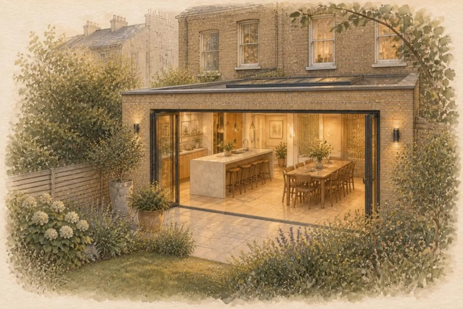 Watercolour of an open-plan kitchen and dining extension at dusk seen from the garden, with an island, a long table and a rooflight