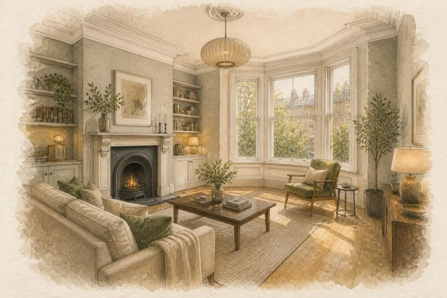 Watercolour of a refurbished period living room with a bay window, restored fireplace, cornicing and oak floor