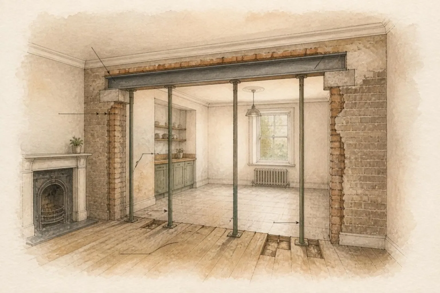Watercolour working sketch of a ground floor being opened up, with a new steel beam on padstones over a wide opening and temporary props