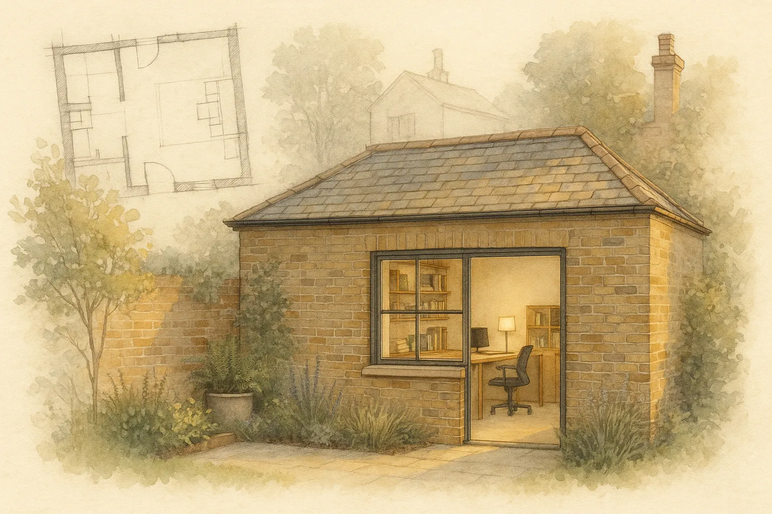 Watercolour illustration of a former garage converted into a bright home office with a new window, desk and shelving, beside a garden