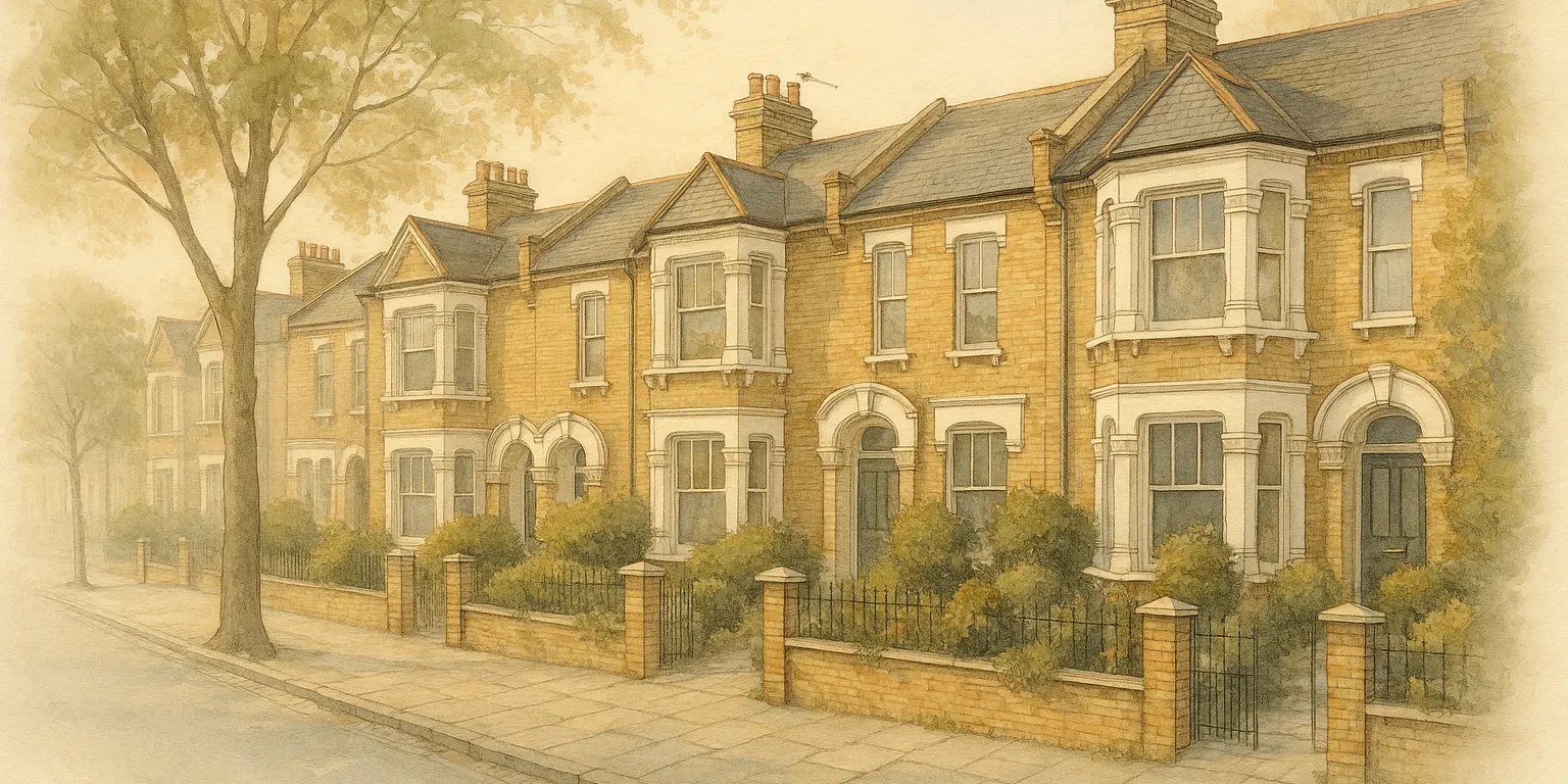 Watercolour illustration of a street of Edwardian terraced houses in North London with bay windows, front gardens and street trees