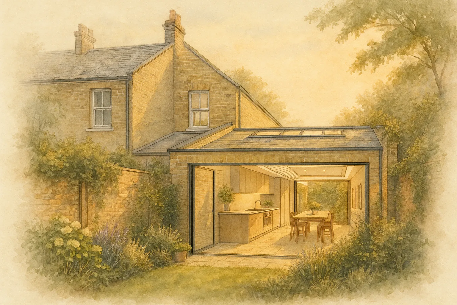Watercolour illustration of a side-return extension with a glazed roof along the boundary wall, opening a terrace kitchen to the garden