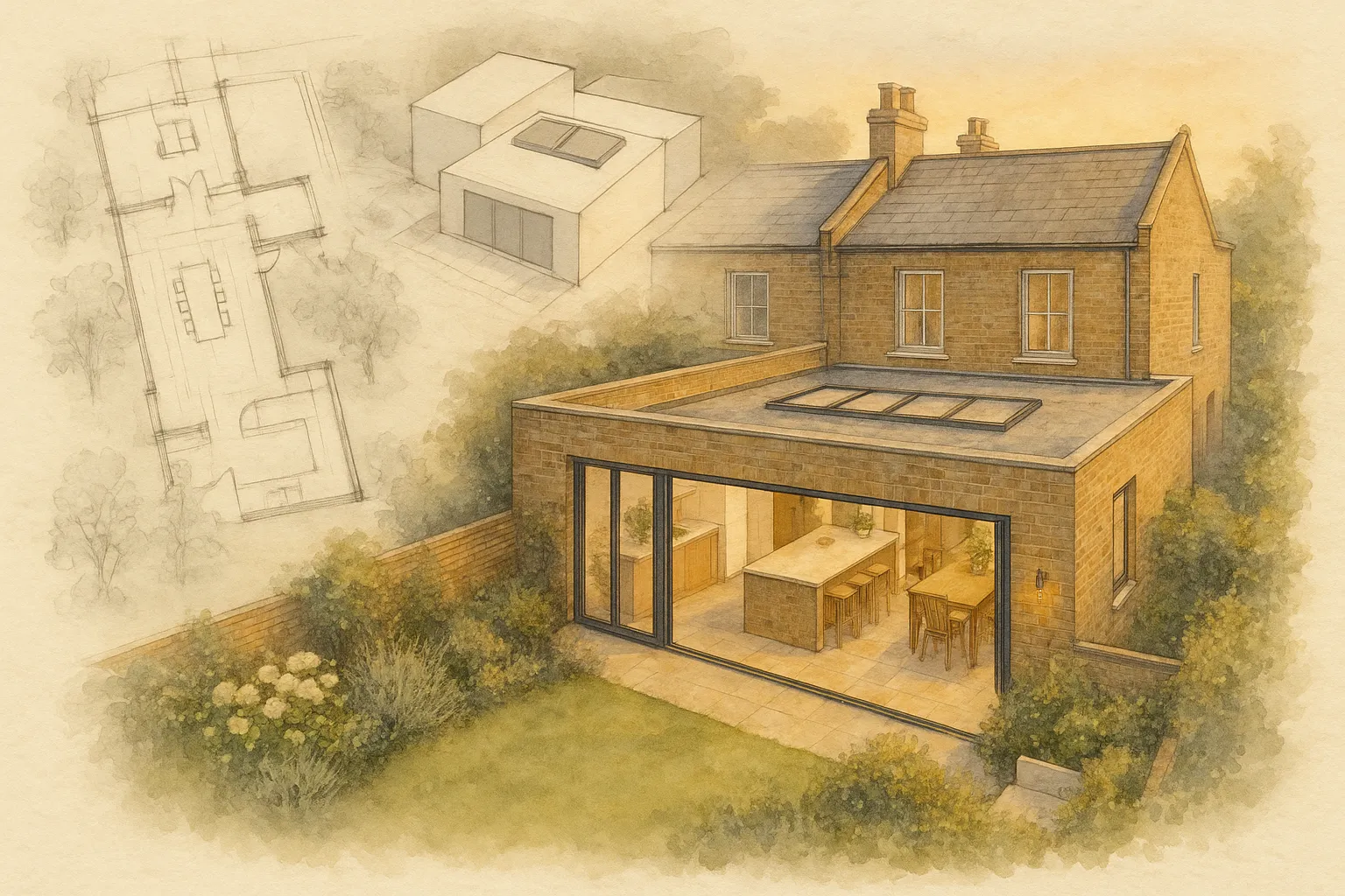 Watercolour illustration of an L-shaped wrap-around extension to a terraced house with rooflights, seen from the garden