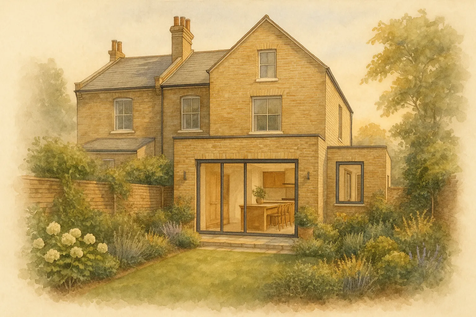 Watercolour illustration of a double-storey rear extension in matching brick on a semi-detached house, with garden planting