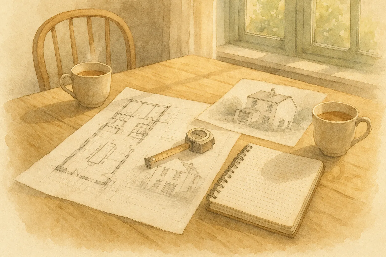 Watercolour illustration of a kitchen table with house drawings, a notebook, a tape measure and two cups of tea in morning light
