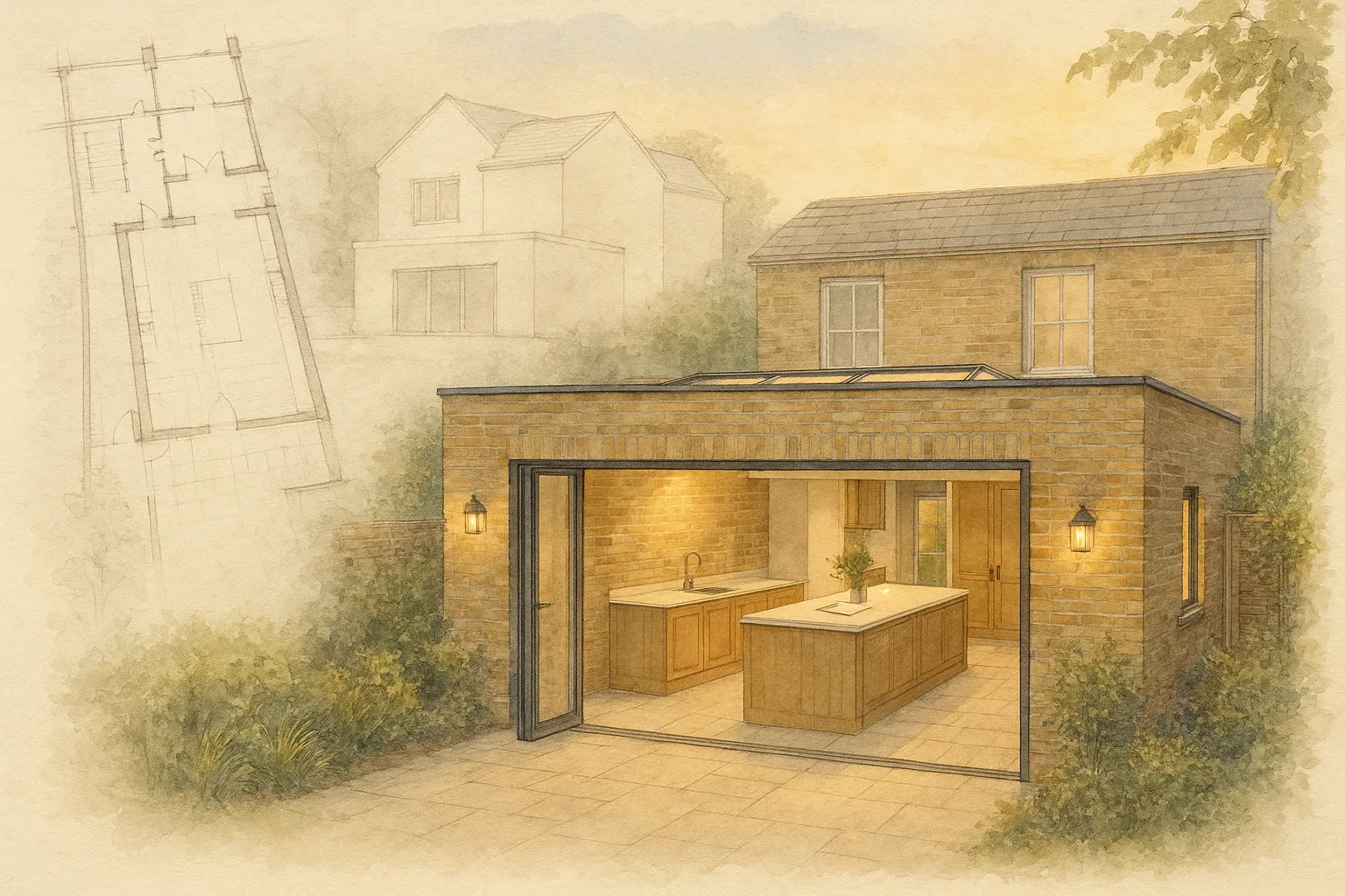 Watercolour illustration of a finished kitchen extension in evening light, with glazed doors open to the garden