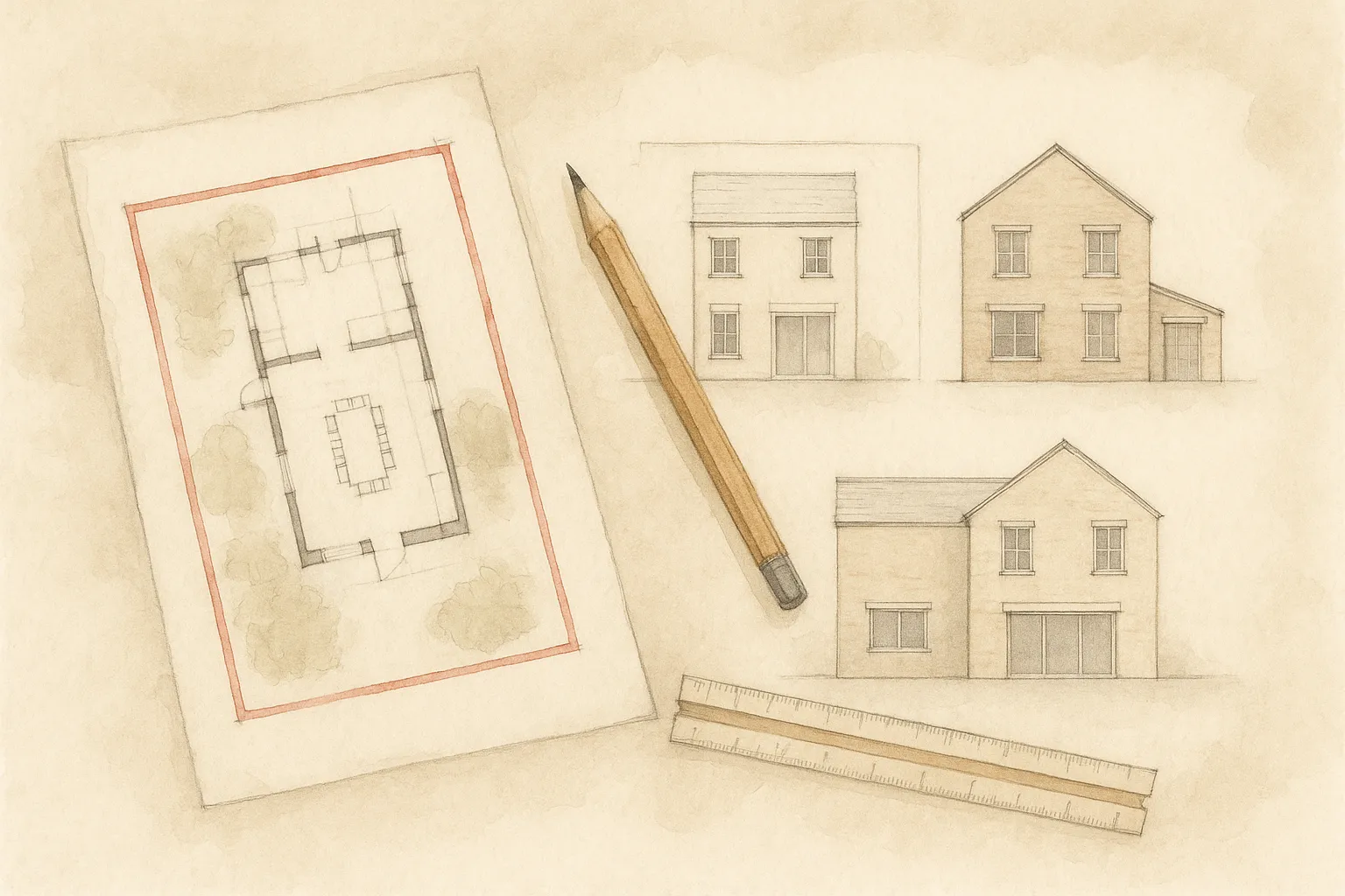 Watercolour illustration of planning drawings on a desk: a site plan with a red line boundary, elevations, a pencil and a scale rule