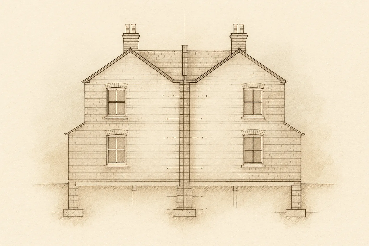 Watercolour illustration of two adjoining houses drawn in section, showing the shared party wall and foundations