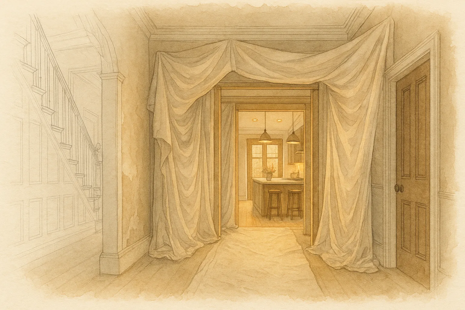 Watercolour illustration of a hallway protected with dust sheets, with the family kitchen still in use beyond