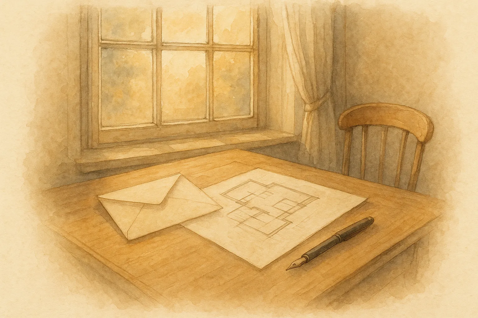 Watercolour illustration of a writing desk by a window with an envelope, folded drawings and a pen in warm light