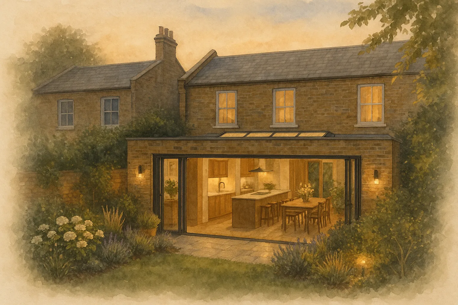 Watercolour illustration of a finished rear kitchen extension at dusk, glazed doors open to a landscaped garden with a stone terrace and soft lighting