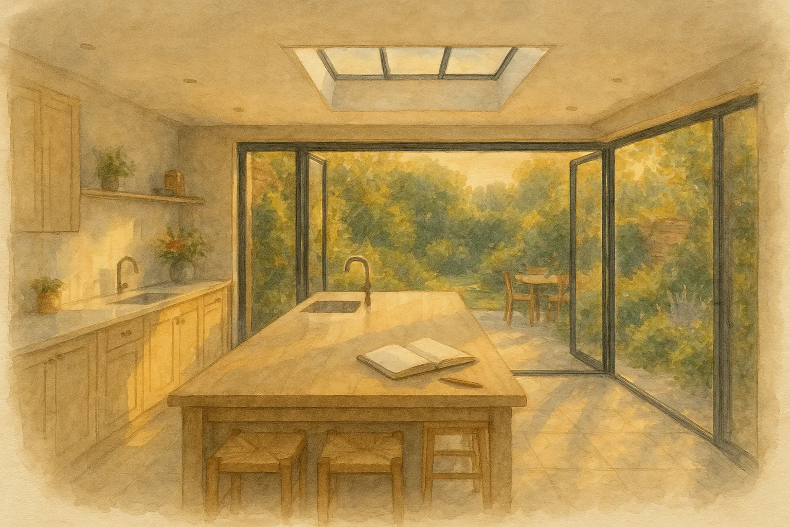 Watercolour illustration of a finished kitchen extension at golden hour, an open notebook on the island and glazed doors to the garden