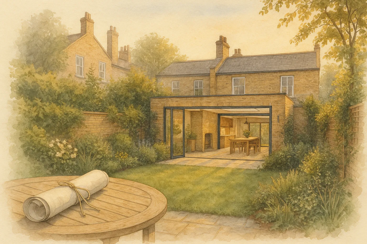 Watercolour illustration of a terrace with a new rear extension seen across the garden, rolled drawings tied with string on a garden table