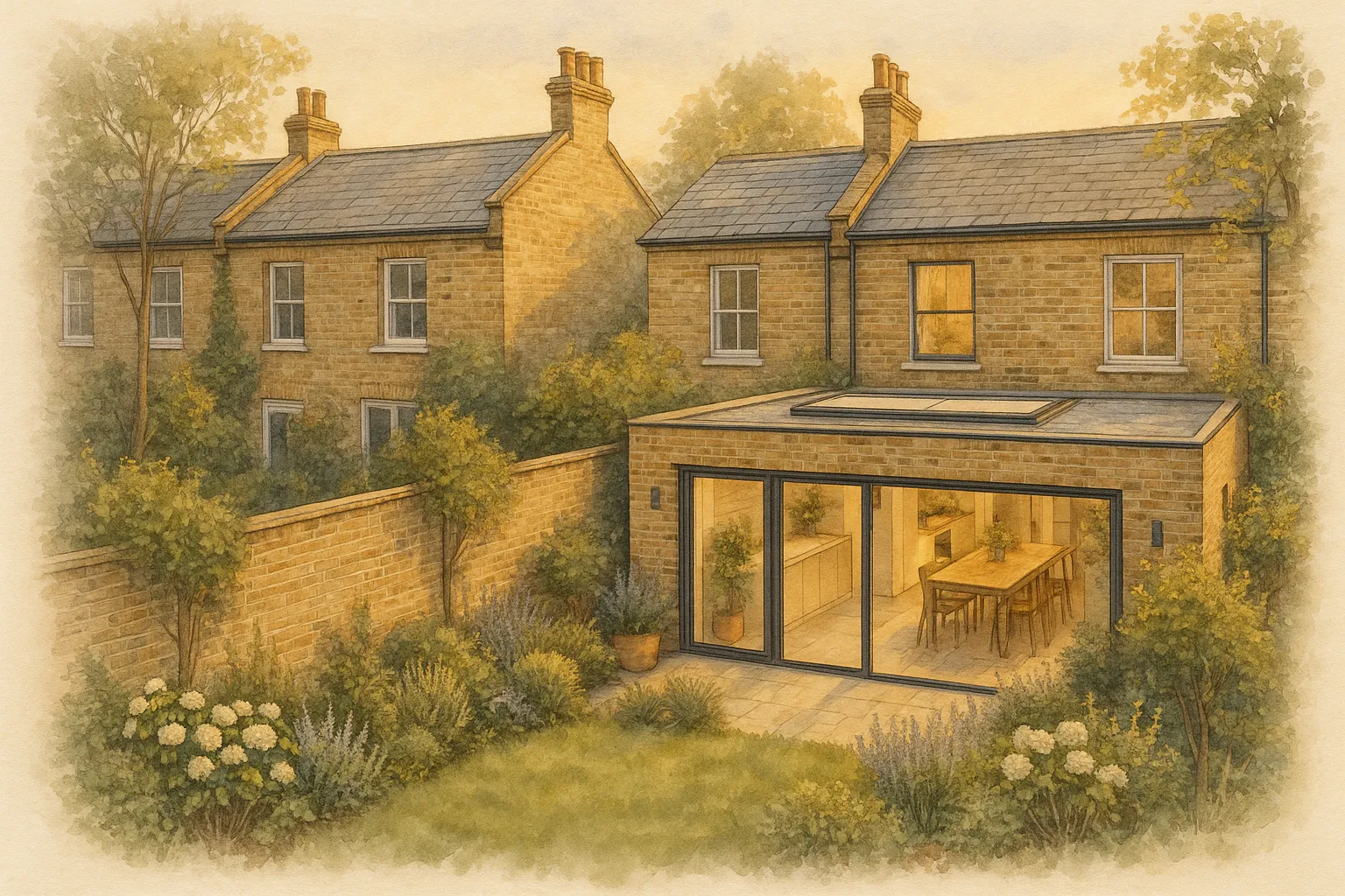Watercolour illustration of two neighbouring terrace gardens divided by a shared brick wall, with a new extension built along the boundary