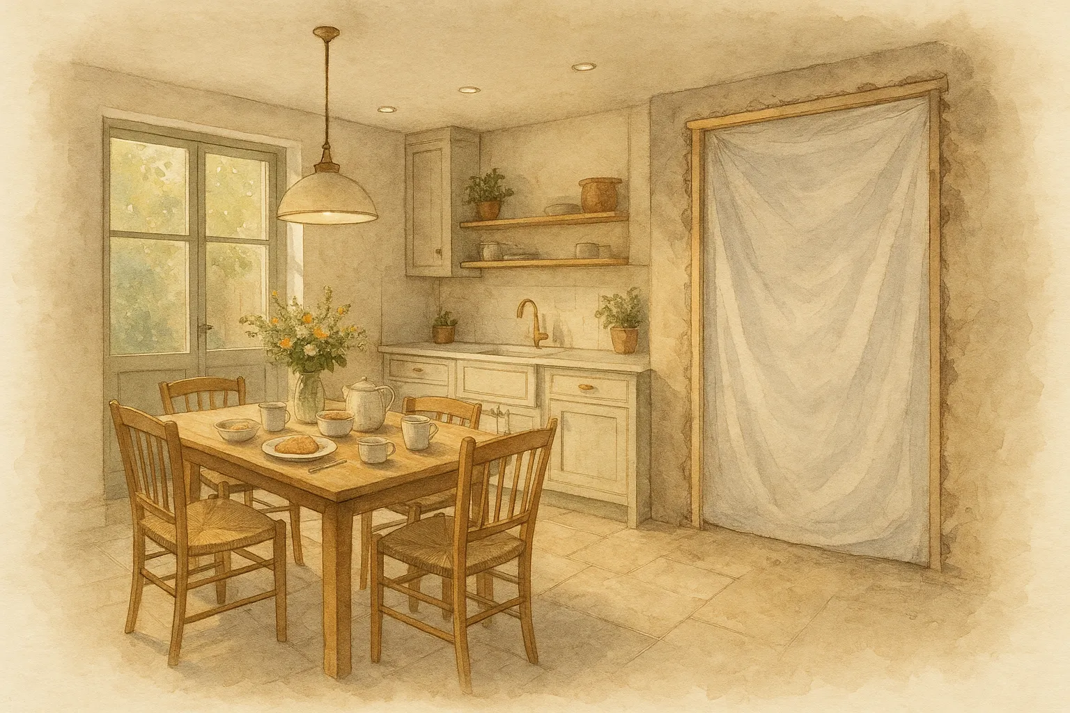 Watercolour illustration of a family kitchen still in use during building works, breakfast laid and a doorway neatly sealed with a dust sheet
