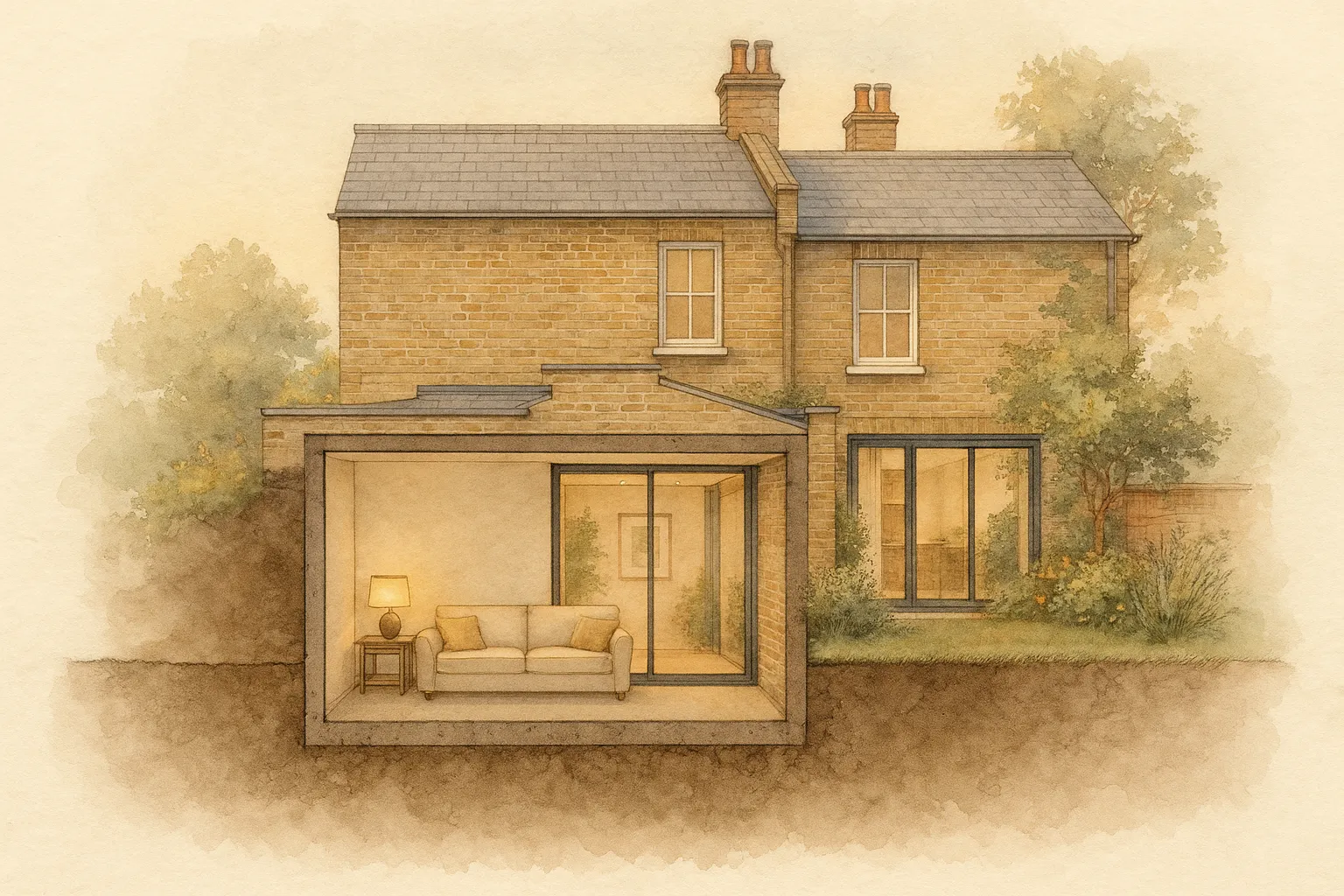 Watercolour illustration of a terraced house drawn in section, with a warm finished basement room below ground level and glazed doors at the rear