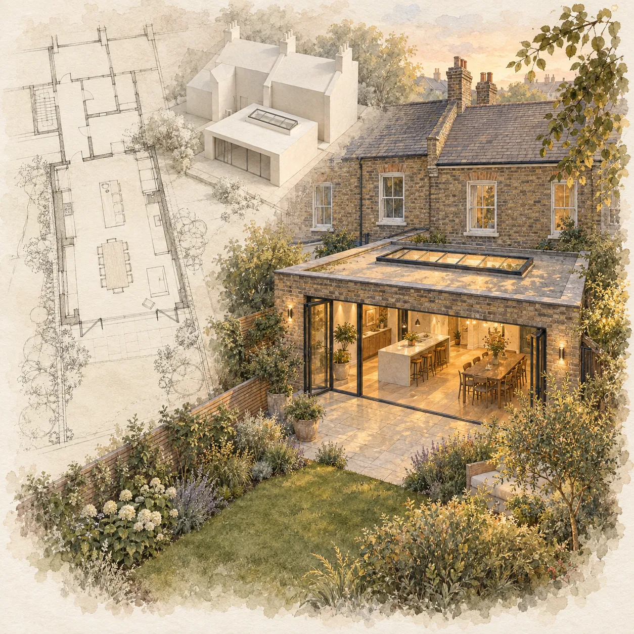 Watercolour sketch: a floor plan and 3D model of a rear extension, and an illustrated view of the extension at dusk