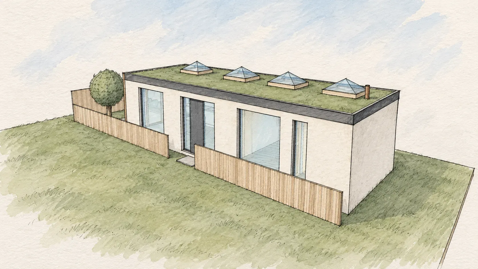 Design study: watercolour-style sketch of a single-storey home with a green roof, four rooflights, garden-facing glazing and timber fencing