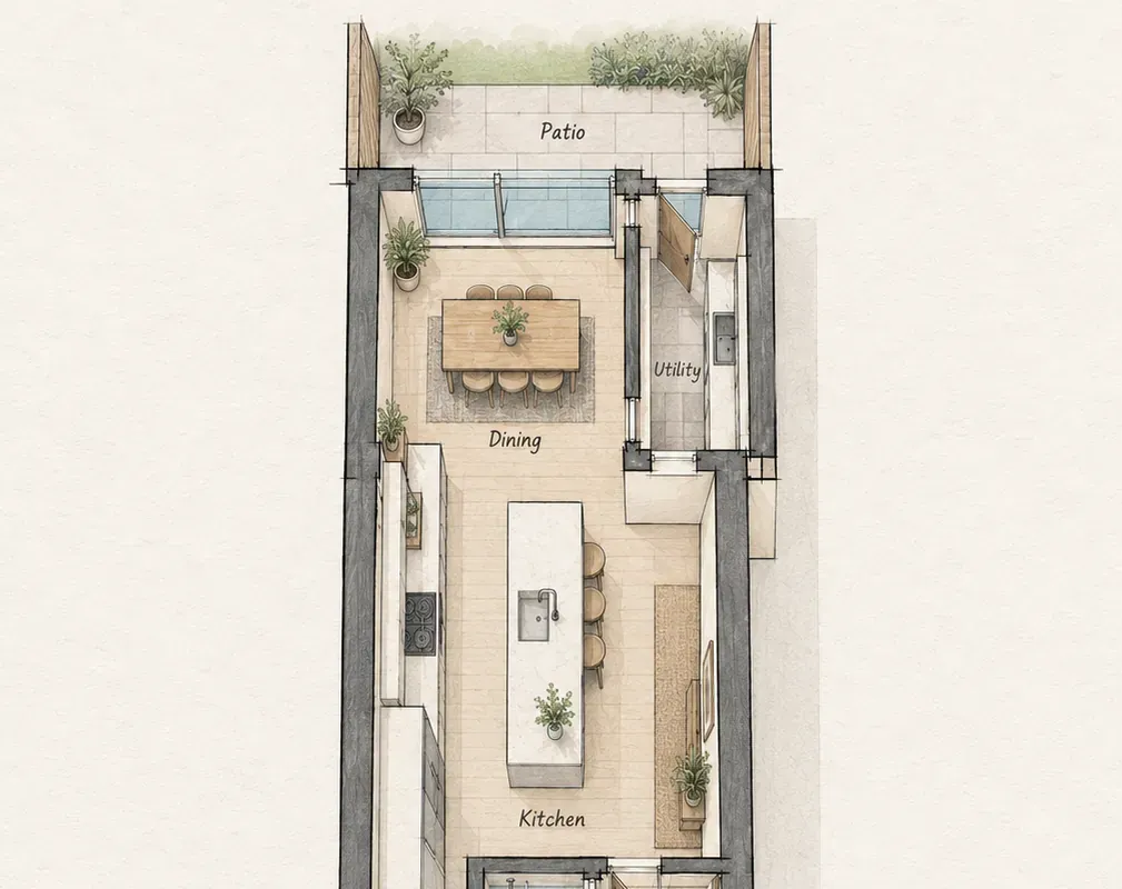 Design study: watercolour-style plan of a wrap-around extension showing a kitchen island, dining table, utility room and glazed doors to the patio