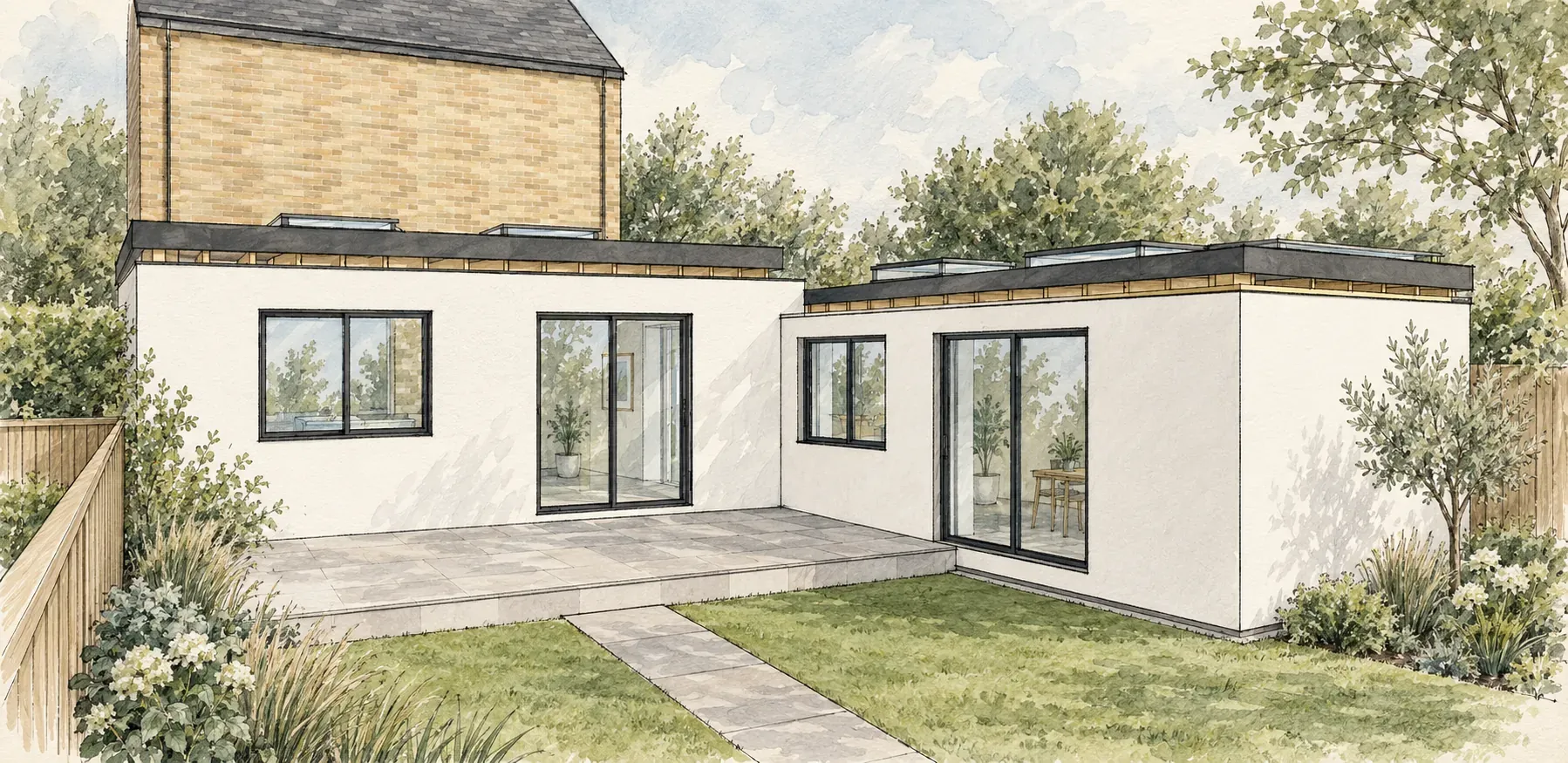Watercolour-style sketch of an L-shaped single-storey rear extension around a garden terrace, with sliding doors and rooflights