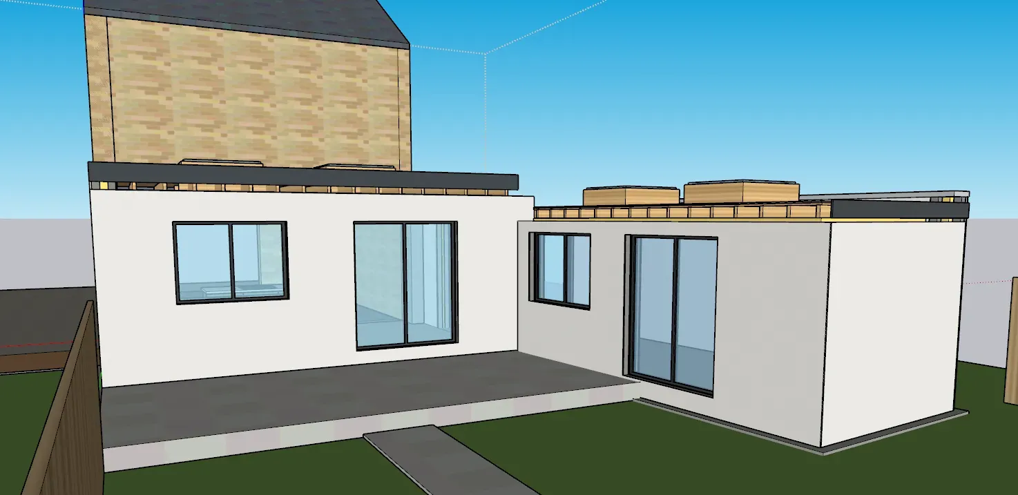 3D model of an L-shaped rear extension seen from the garden, with sliding doors, windows and rooflights