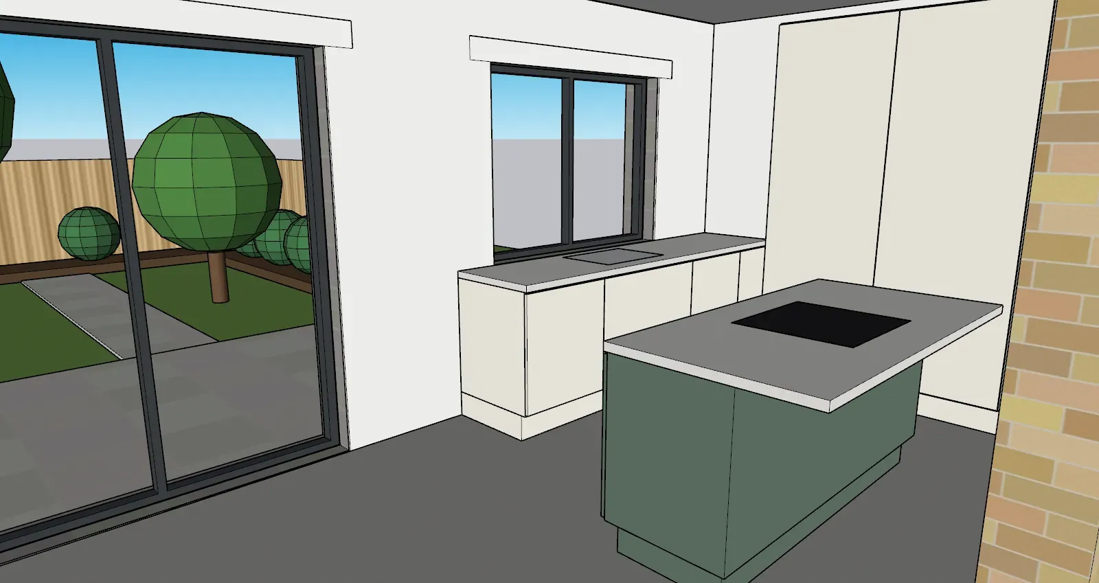 3D model of the kitchen in the extension, with a green island, white units and sliding doors to the garden