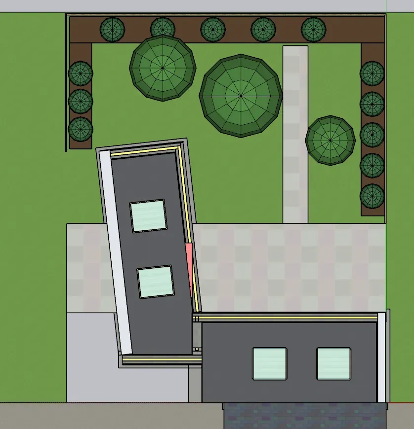 Top-down 3D model view of the extension roofs with rooflights, set within the garden layout with trees and planting