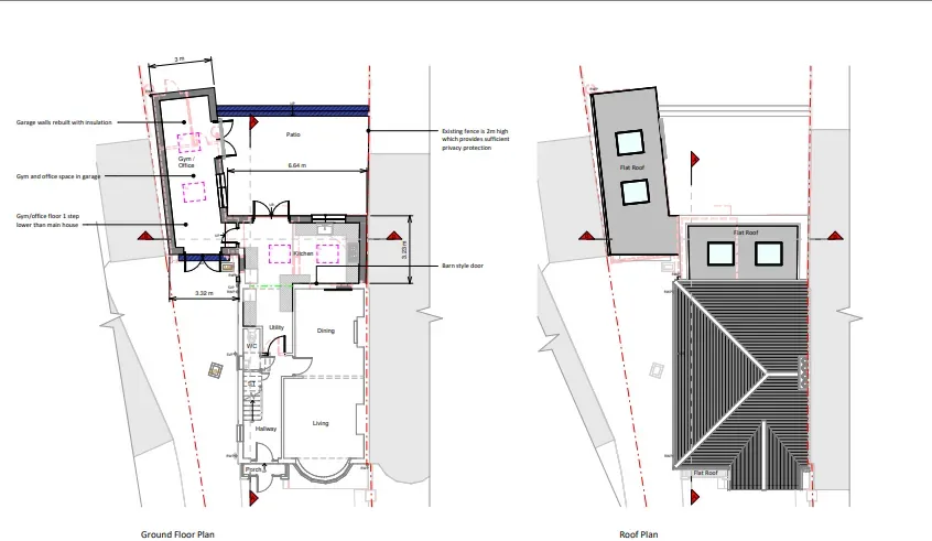 Ground-floor plan and roof plan drawings of an L-shaped rear extension with a narrow garden-facing wing