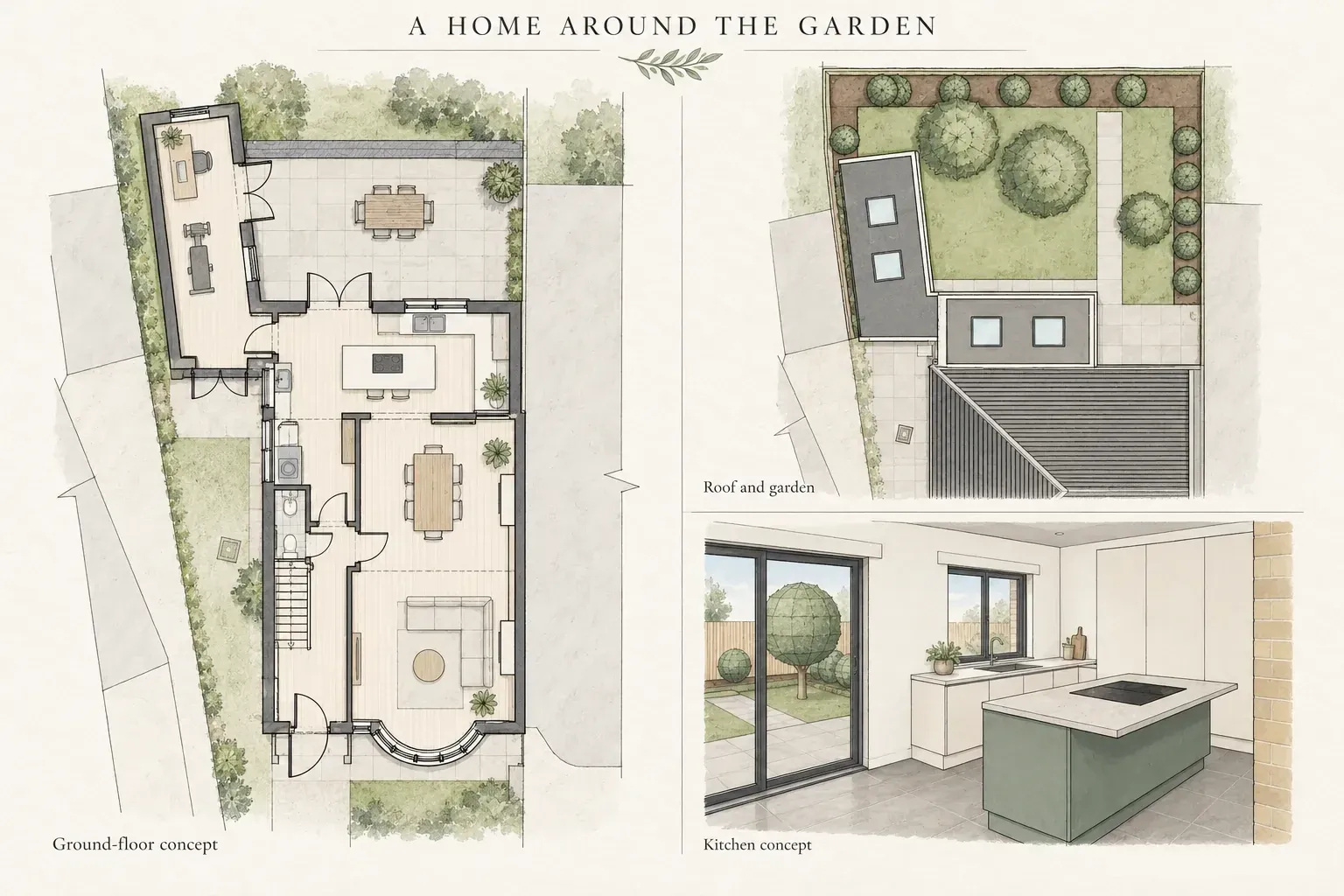 Hand-sketched presentation sheet titled A home around the garden, with a ground-floor concept plan, a roof and garden plan and a kitchen concept view