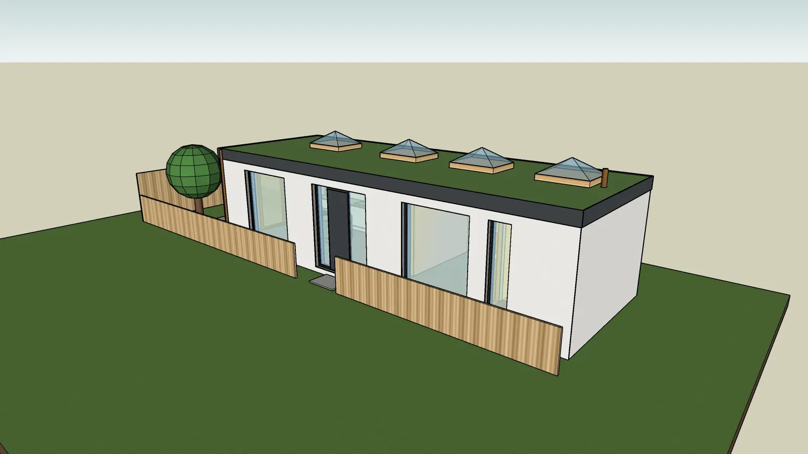 3D model view of a single-storey home seen from the garden, with a flat green roof, four rooflights and timber garden fencing