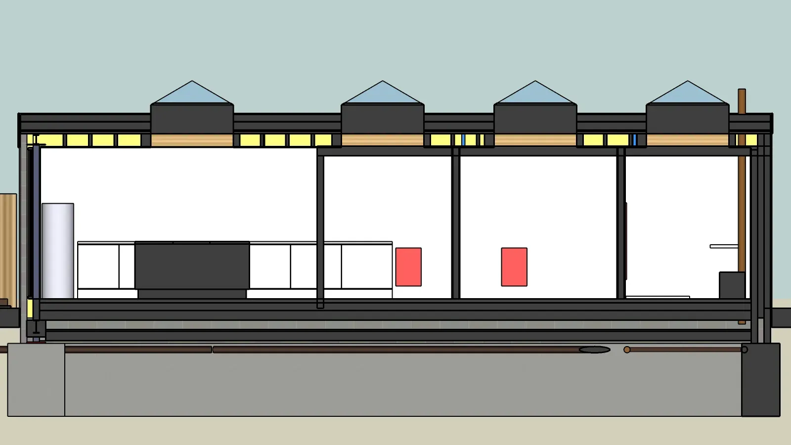 Longitudinal section through the 3D model of the single-storey home, showing the roof build-up, rooflights and foundations