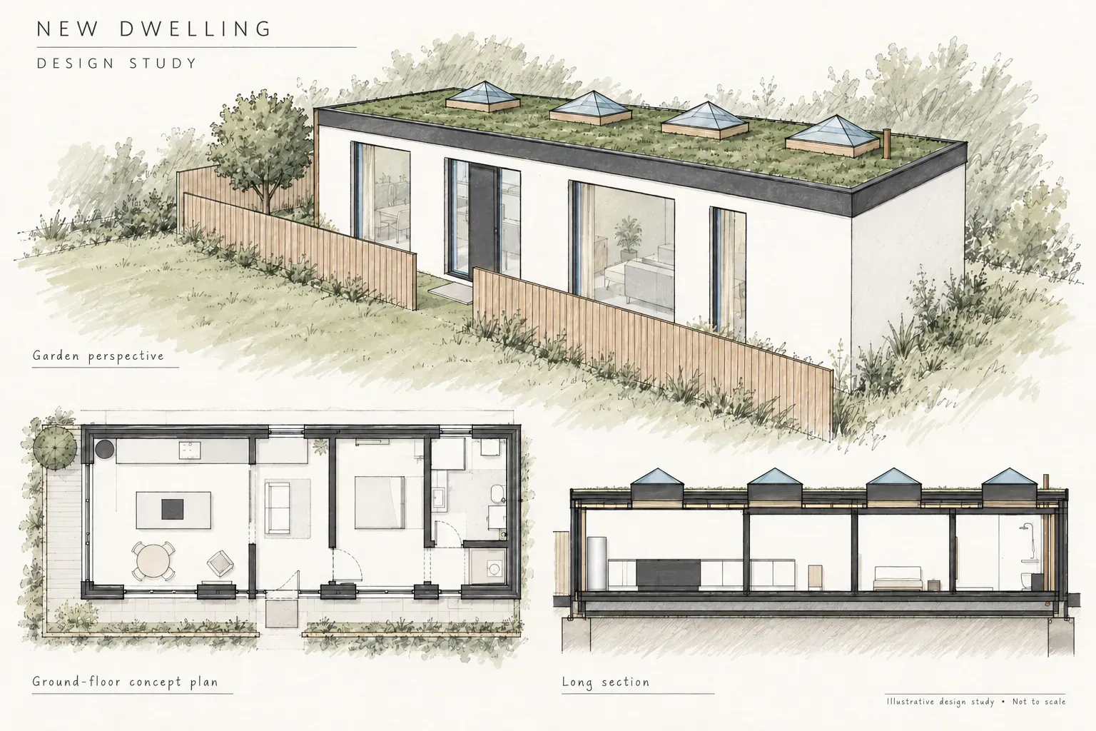 Hand-sketched presentation sheet for the new dwelling study, combining a garden perspective, a ground-floor concept plan and a long section