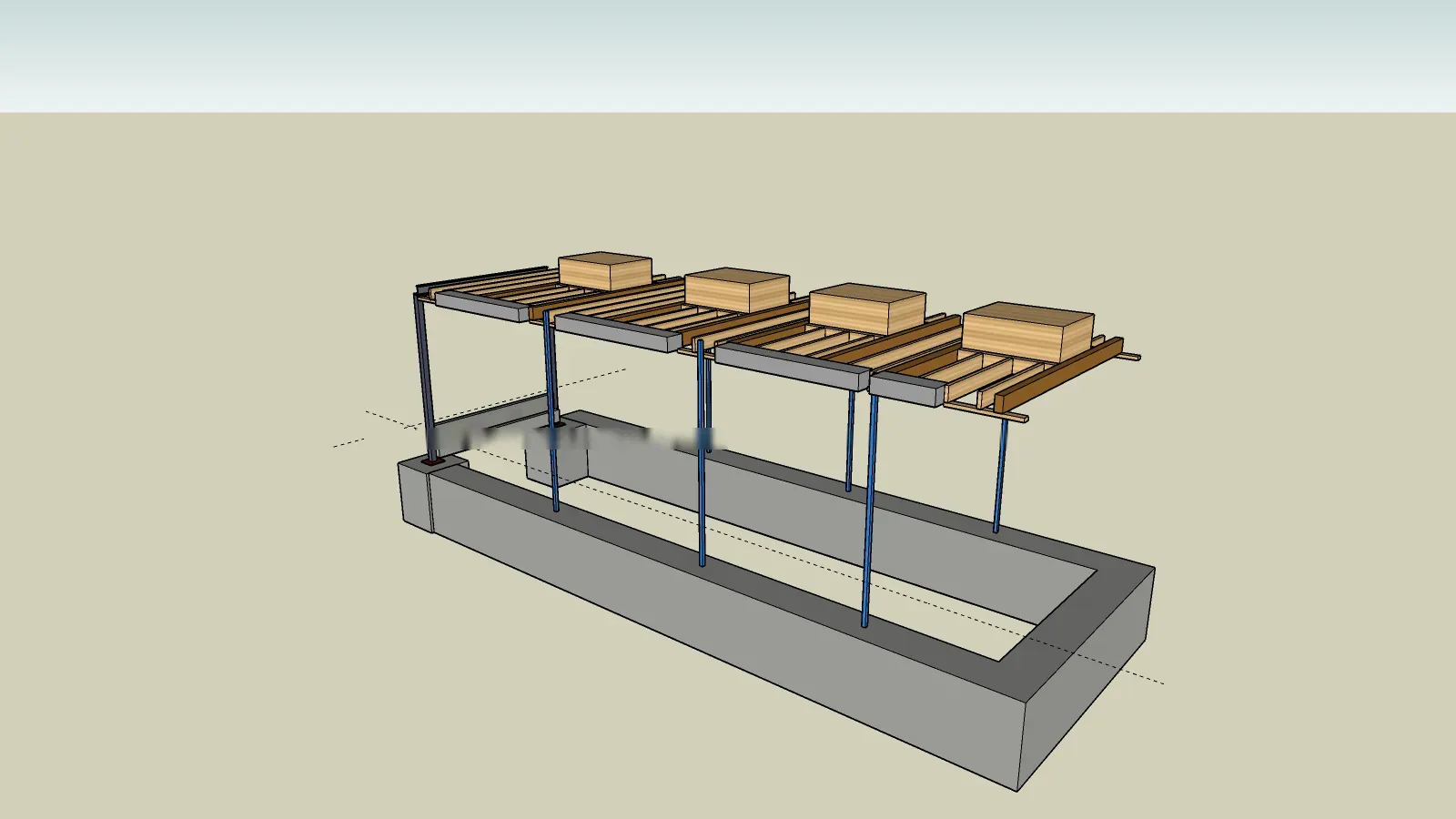 Exploded structural 3D model of the single-storey home showing the foundation, steel frame, roof joists and rooflight kerbs