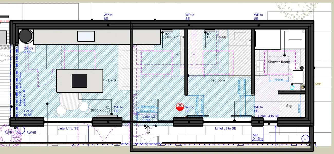 3D model of the single-storey home laid over a floor-plan drawing, showing the kitchen, living area, bedroom and shower room