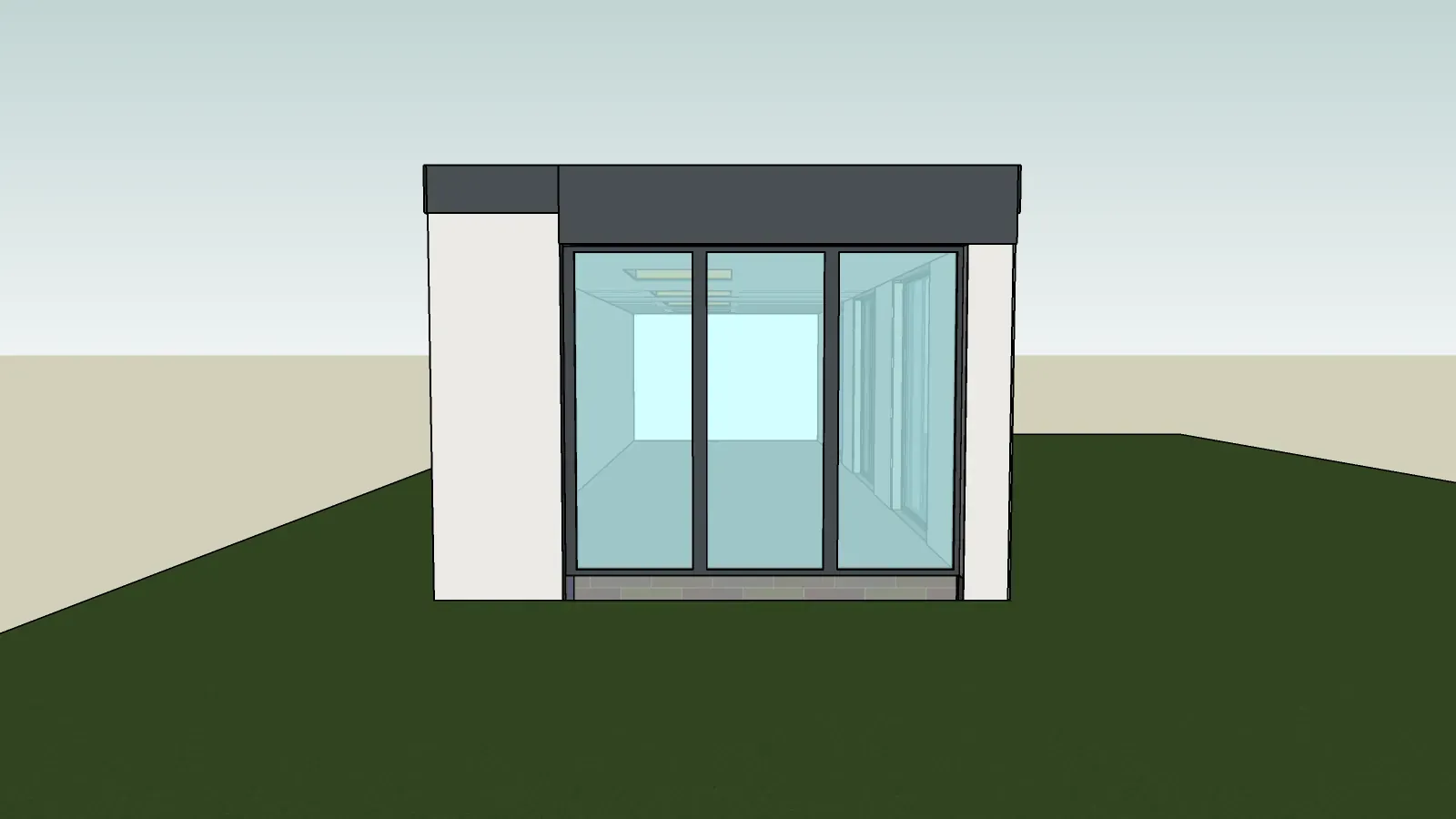 3D model view of the west end of the single-storey home with full-height glazing
