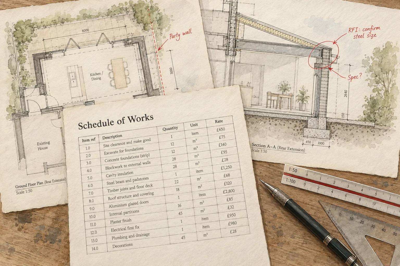 Watercolour sketch of a schedule of works on top of extension plan and section drawings