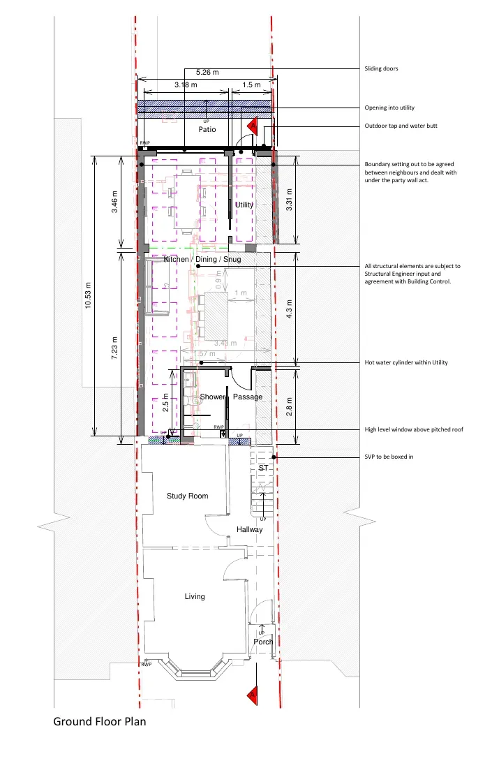 Proposed ground-floor planning drawing of a terraced house with a wrap-around extension, showing kitchen, dining, utility, shower room and patio