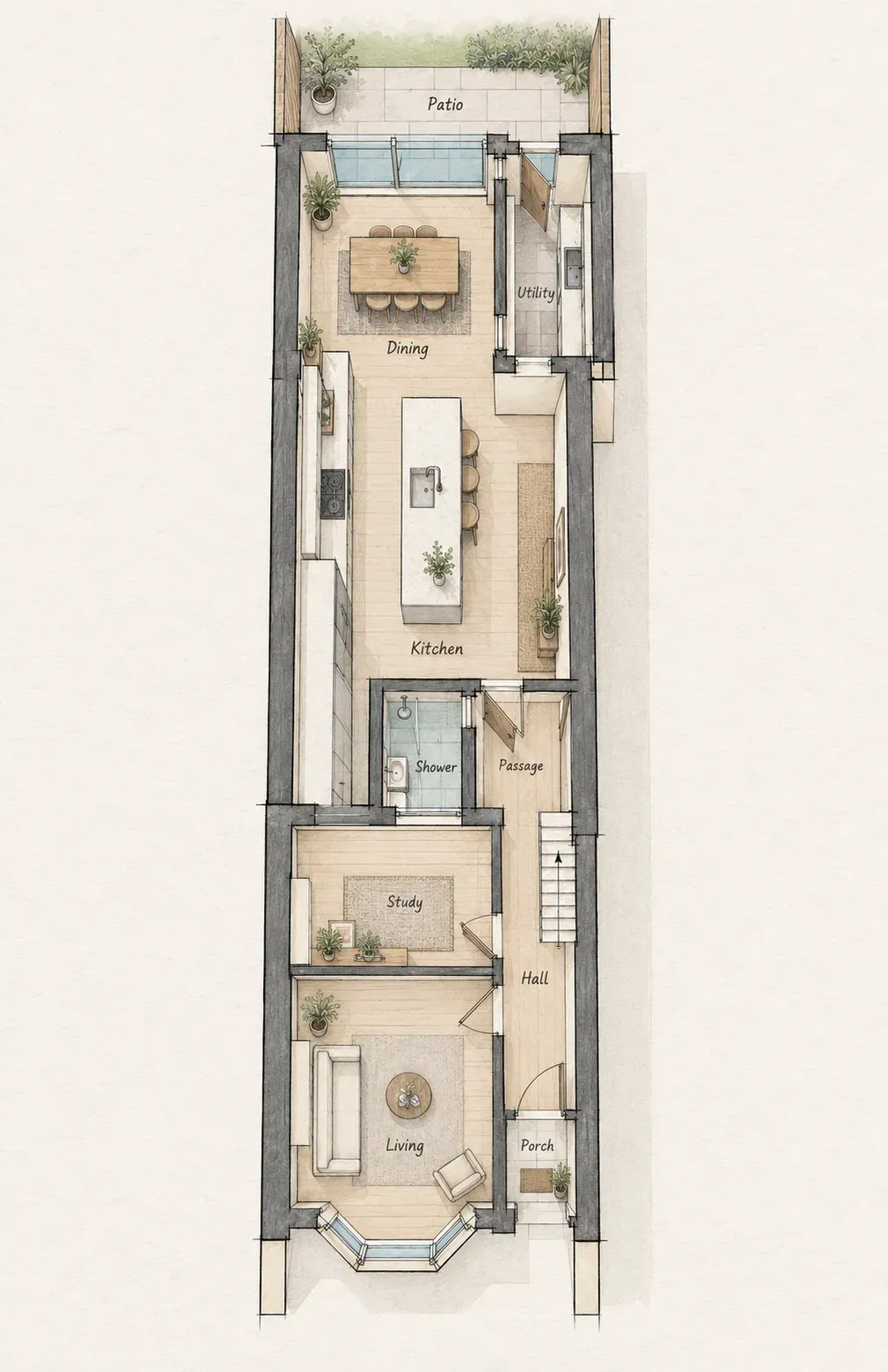 Hand-drawn colour floor plan of a terraced house with a wrap-around extension: living room, study, hall, shower room, kitchen with island, dining area, utility and patio